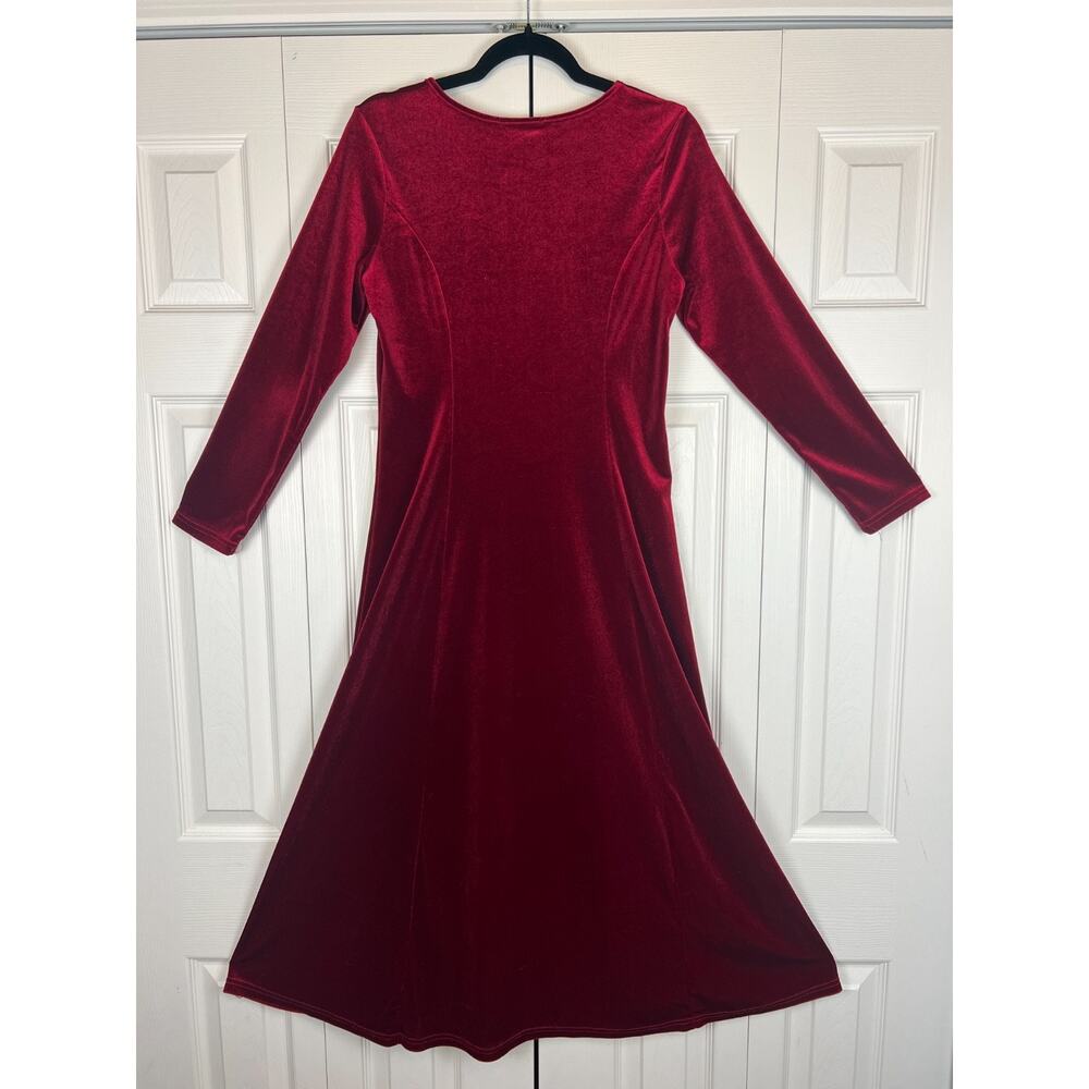 Red Velour Midi Dress Long Sleeve Fit & Flare Stretch Minimalist Small 6 - Picture 5 of 7